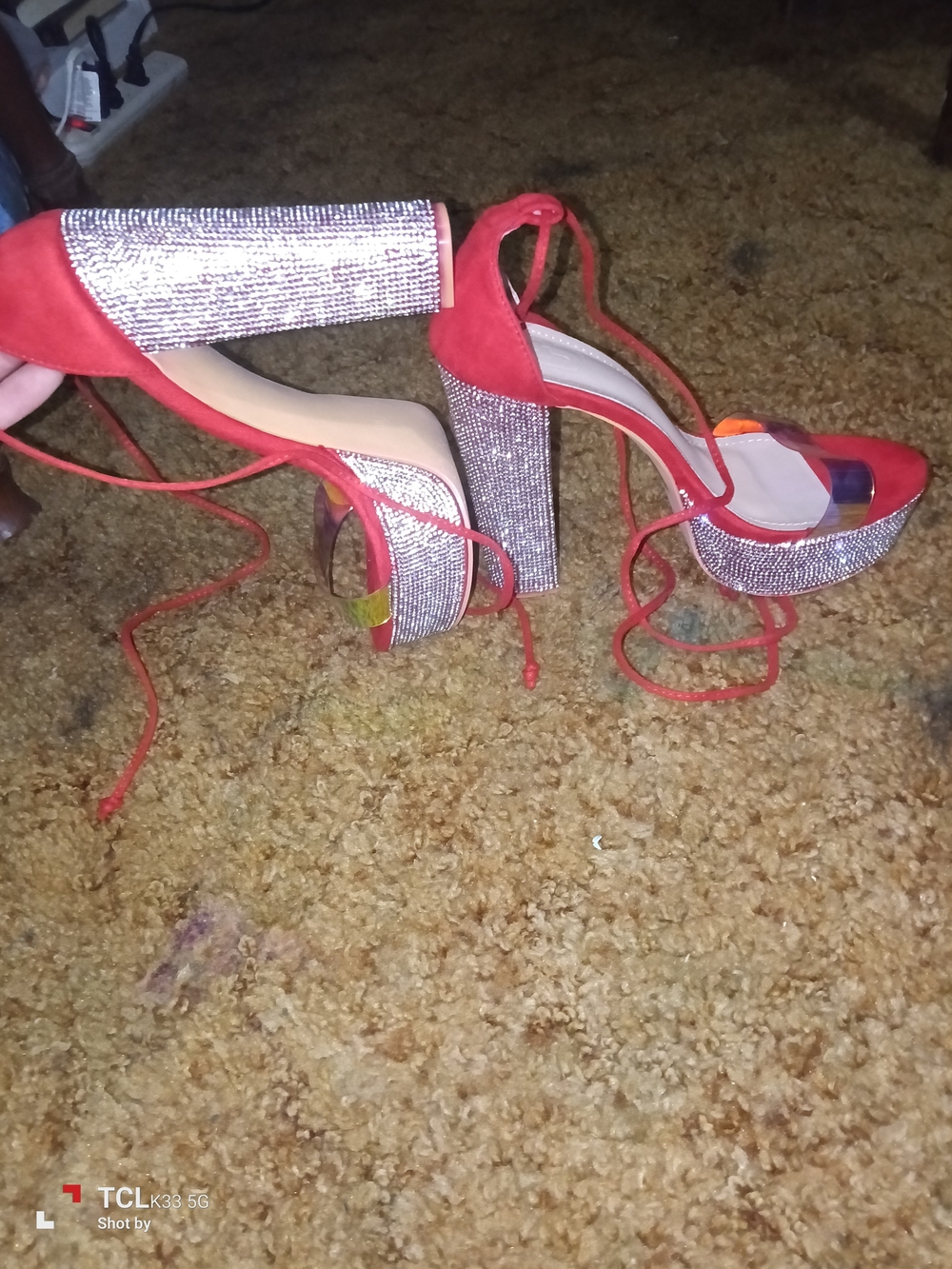 Red Rhinestone Platform Lace-Up Heels - Picture 3 of 5